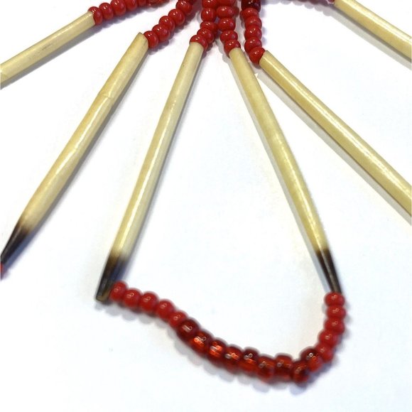 Red Cream Ivory Colored Quill Red Beads Dangling Silver Toned Earrings - Picture 5 of 6